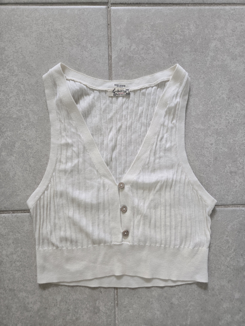 Free People Cream Ribbed V-Neck Button Front Tank